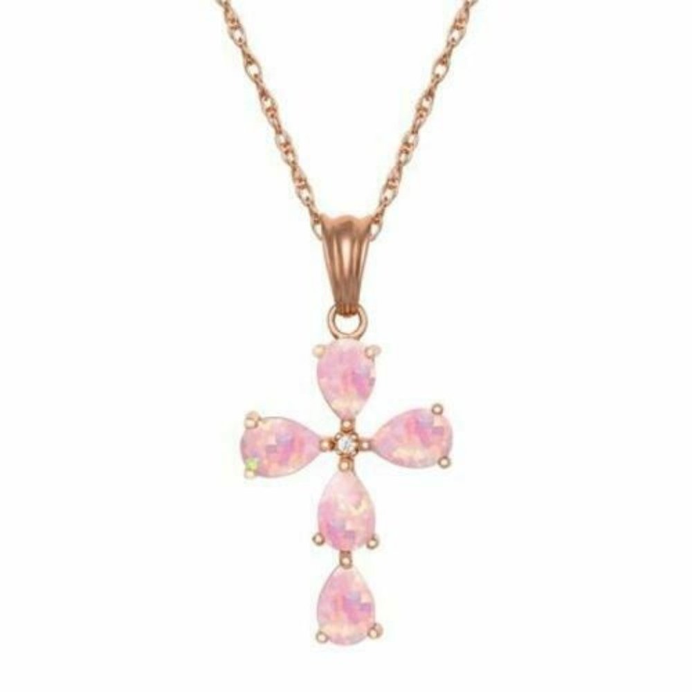 Sterling Silver 14kt Gold Plated CZ & Created Opal Cross Pendant 18" Chain